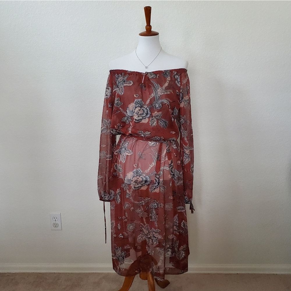Vintage Boho Gypsy Sheer Cold Shoulder Sheer Flowy Floral Print Long Dress